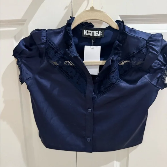 Katie J NYC Navy Satin Blouse - Picture 2 of 4